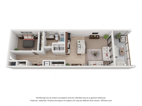 Floor plan for 1 bed, 1 bath, 1005 sqft